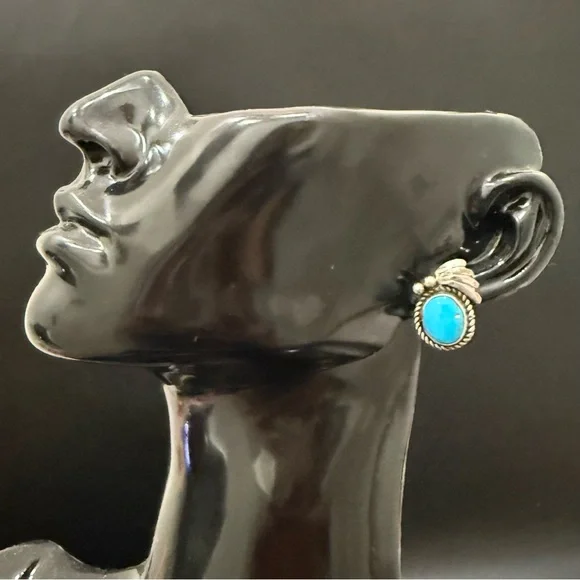 Vintage Signed D Native American Navajo Sterling Silver Turquoise Stud Earrings - Picture 8 of 14